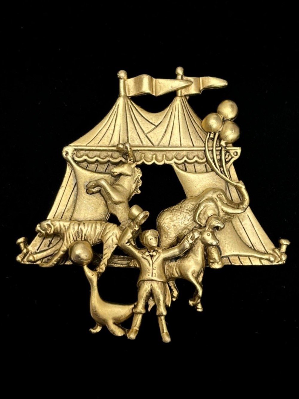Vintage 80s AJC Circus Tent Brooch Pin Ringmaster Big Top Animals Gold Tone
